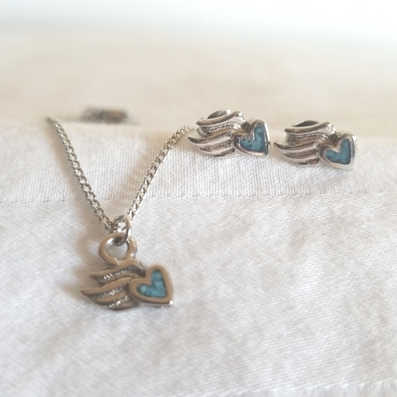 Vintage Silver Blue Stone Wings Heart Necklace Earrings - Picture 1 of 7